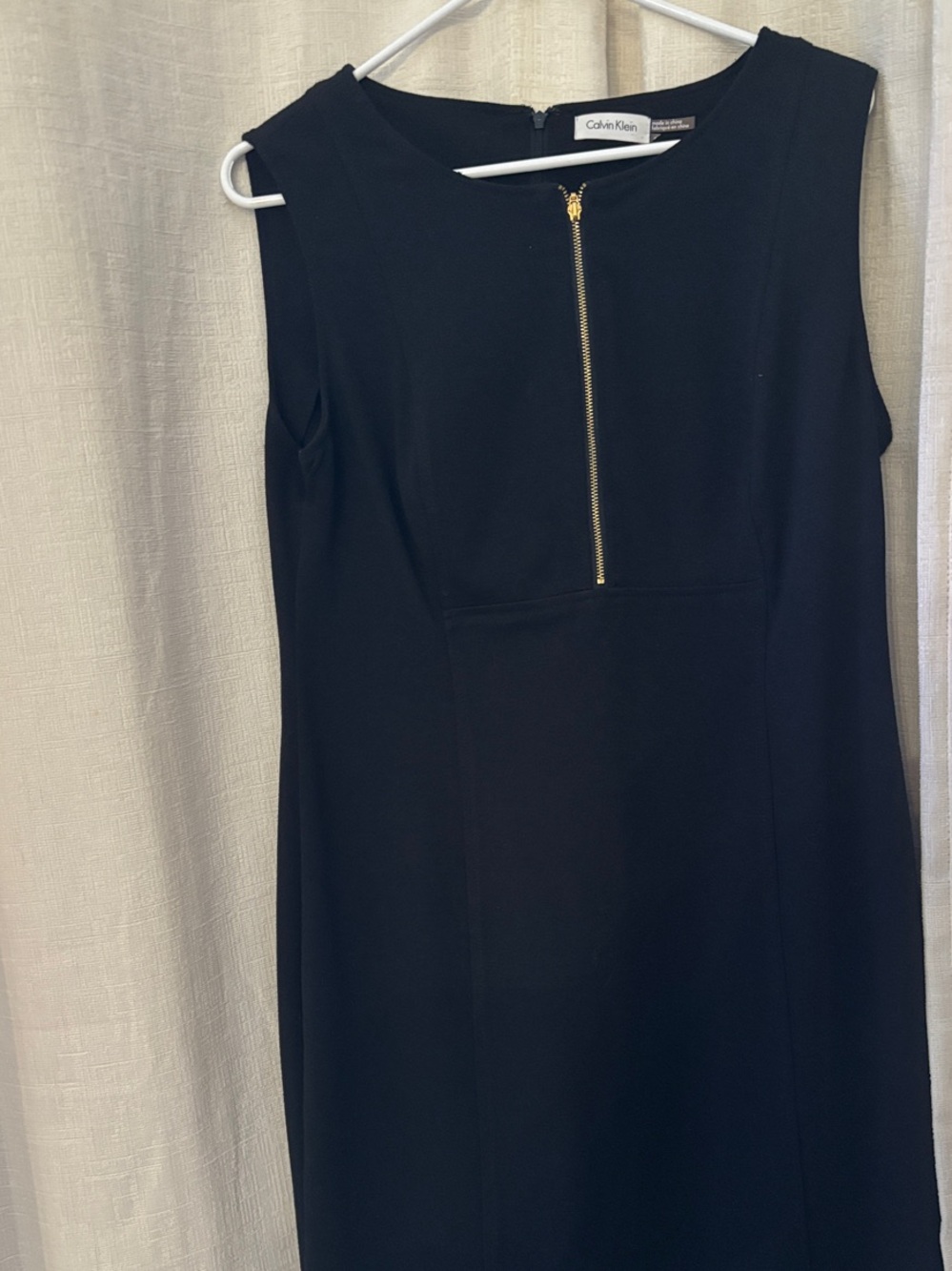 Calvin Klein Black Sleeveless Sheath Dress with Gold Zip Detail
